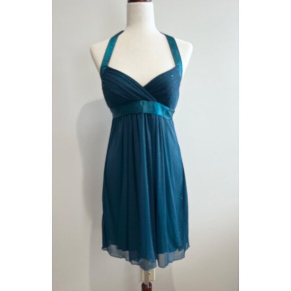 Y2K Speechless Halter Formal Mini Dress Juniors M Teal Sparkle Satin Fairy - Picture 1 of 7